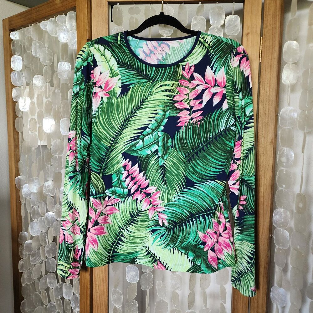Lands End Top M 10-12 Tropical Floral Palm Print Stretch Swim Rash Guard